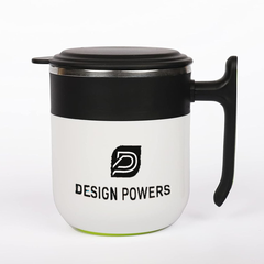 A black and white aqua color themed ceramic mug with a handle and a design logo on the front.