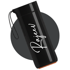 Black water bottle with 'Rajeev' branding on a white background