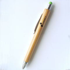 A bamboo pen with stylus attachment, silver accents, and green tip, on a white background.