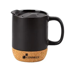 A black ceramic mug with a cork base and a handle, featuring the word 'connect' on the front.