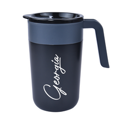 Navy blue mug with a handle and 'Georgia' branding on a white background