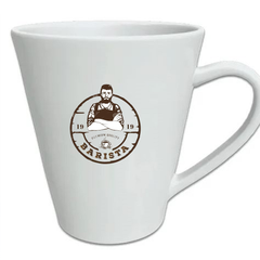 A white conical coffee mug with a logo and text 'Barista 1991' on the front.