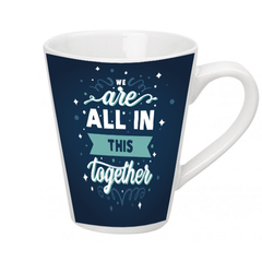 A white conical mug with blue and black printed text that reads 'We are all in this TOGETHER' surrounded by star graphics.