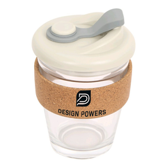 A clear glass tumbler with a beige cork lid and a grey handle, featuring the brand logo 'design powers'.
