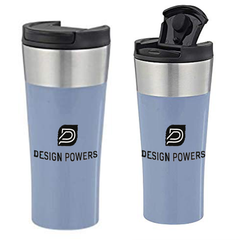 Two blue plastic flasks with silver accents and black lids, one shown in an upright position and the other in a tilted position displaying the spout. Both have a logo printed on the side reading 'DESIGN POWERS'.