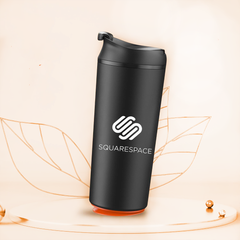 A black insulated water flask with a logo on the front and a leaf-like pattern in the background.
