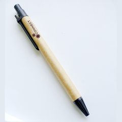 A beige and black Eco Pen with a wooden body and black plastic tip.