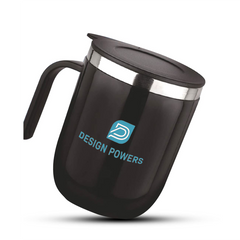 A black ceramic mug with a handle and a logo on its side, placed on a white surface.