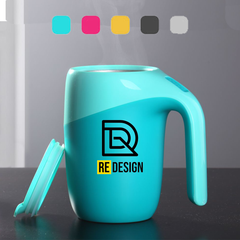 A blue ceramic elephant-shaped mug with a handle and a brand logo on the side, displayed against a neutral background.