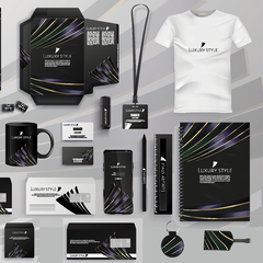 A collection of event kits with tshirt, stationery, including a folder, notepad, pen, mug, and a QR code card, all with a luxury style design.