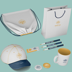 A set of convention kits including a bag, a hat, a pen, and a mug, all branded with a company name and logo.