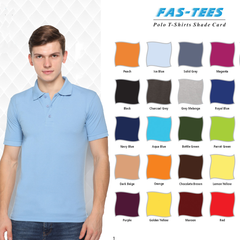 A display of Fast Tees polo shirts in various colors, with a male model wearing a blue shirt in the foreground.