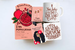 A collection of anniversary-themed gifts including a mug with text, a name tag, a facemask, and a coaster, luggage tag, mask sheet and  with various affectionate messages.