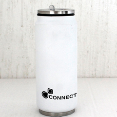 A white cylindrical can-shaped sipper with a logo that says 'CONNECT' on the side, featuring a metal lid and a handle.