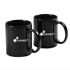 Two black printed mugs with the word 'CONNECT' written on them