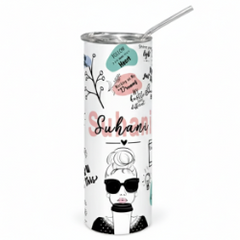 Tumbler with decorative design and text on a white background