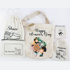 A collection of eco-friendly travel bags made from sustainable material, displayed with labels for shoes, toiletry, keys, and a general 'Happy Women's Day' themed bag.