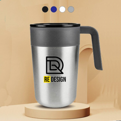A stainless steel thermos with a black lid and handle, featuring a logo on the front.