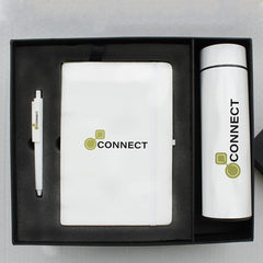 A corporate gift box set containing a white diary, a white pen, and a white temperature flask, all branded with the 'CONNECT' logo, displayed in a black presentation box.